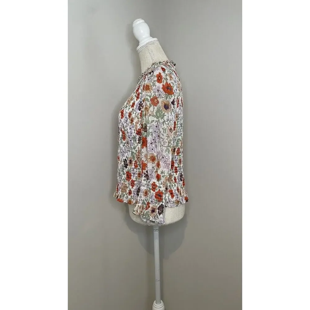 Veronica Beard Kali Top Multicolor Floral Print Smocked Spring Designer Size 10 - Picture 4 of 12